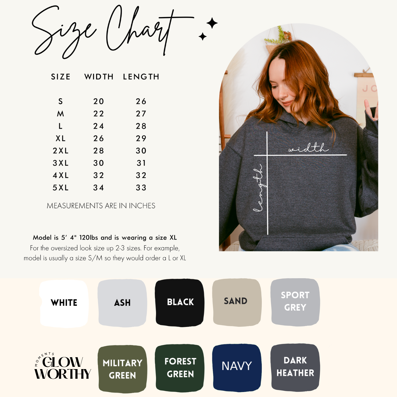 Hoodie measurements in inches and color swatches. 9 color options for firefighter hoodie (black, navy, green, forest green, military green, sand, ash, sport grey, etc.)