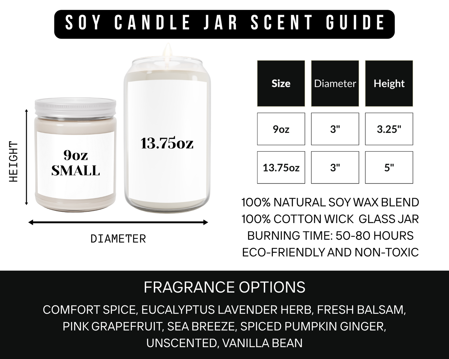 multi size white clear candle 9oz and 13.75oz size guide