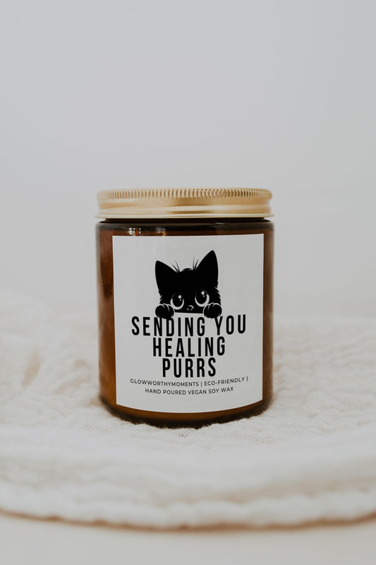 Cat-themed recovery candle on hospital - thoughtful surgery gift