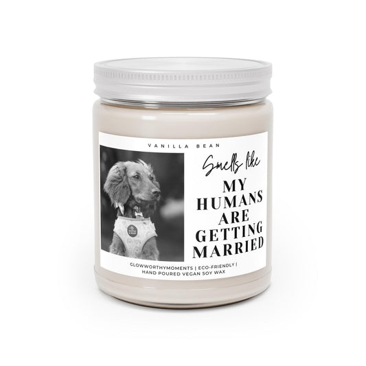 Engagement candle featuring couple's dog with ring box - 'She Said Yes' gift
