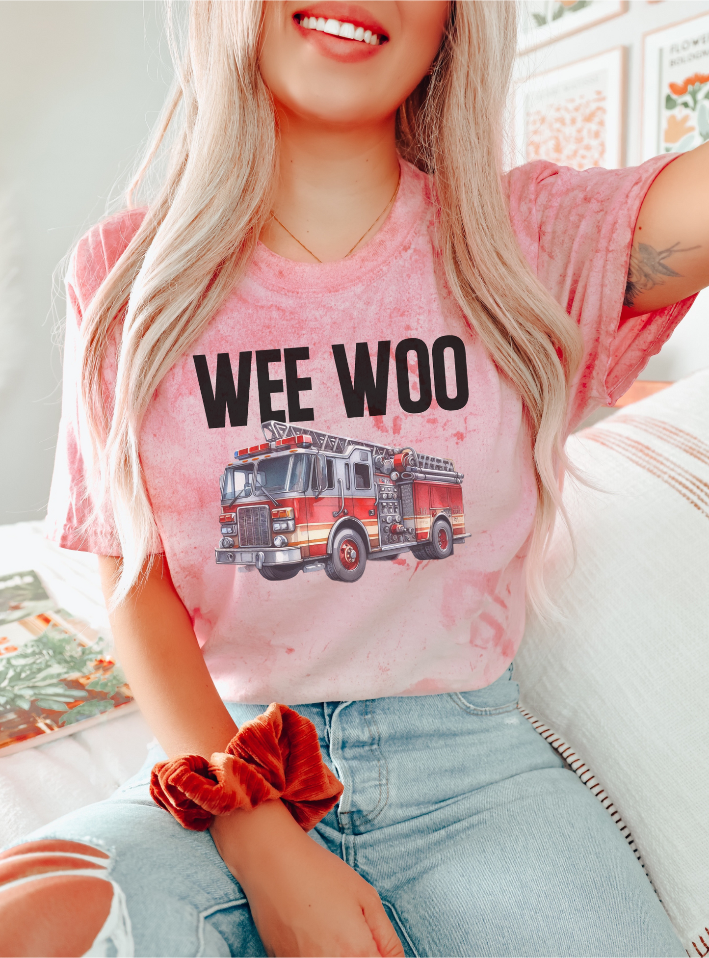 Close-up of soft DTG-printed fire truck graphic