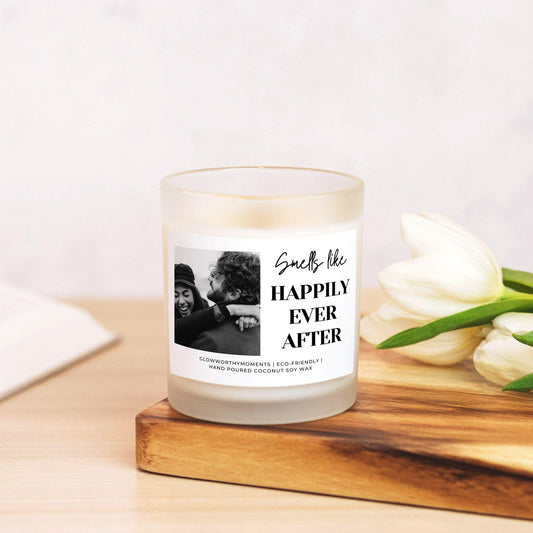 Woman smiling at custom photo candle from long-distance boyfriend