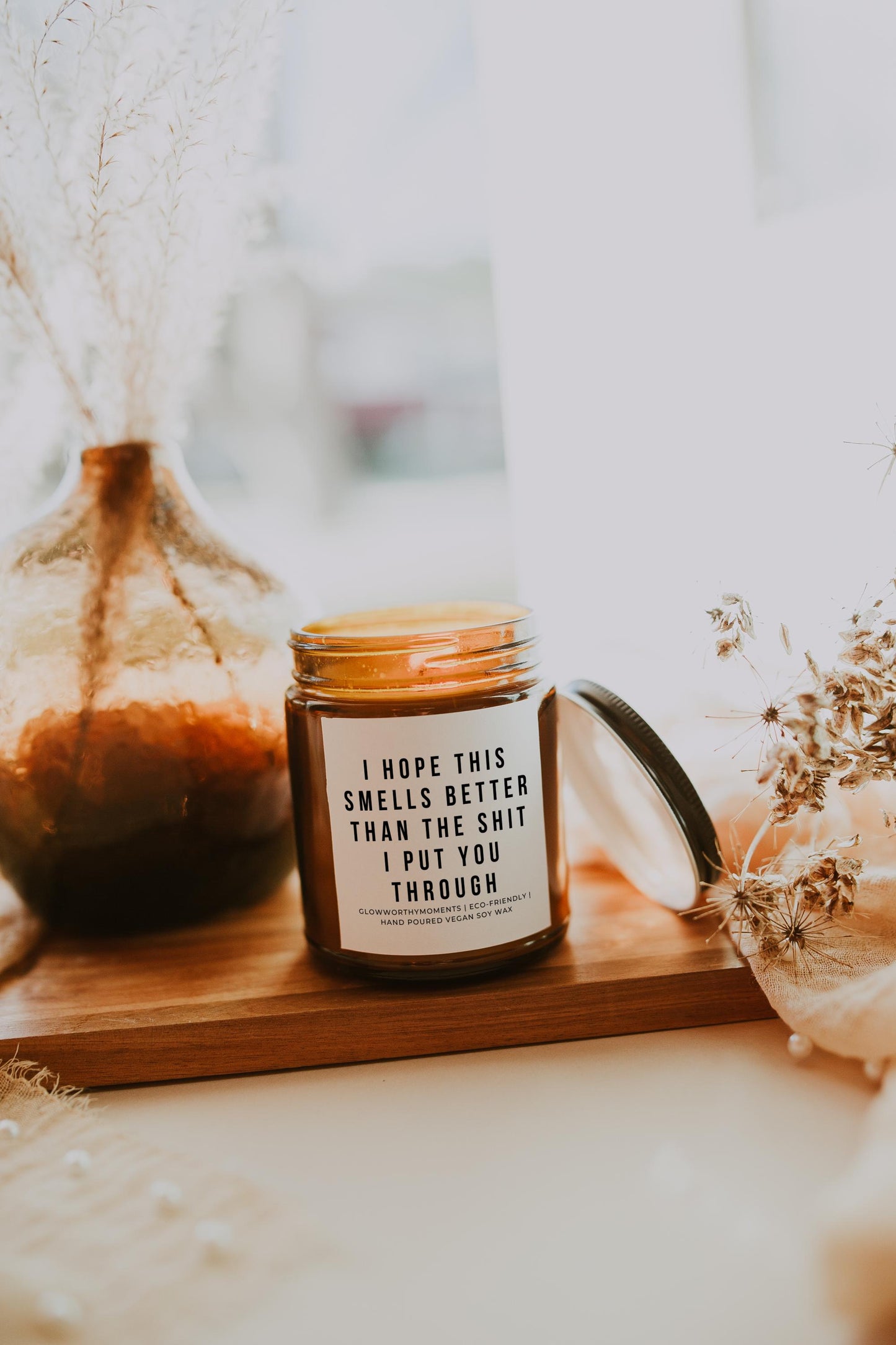 Minimalist I’m Sorry candle label - understated breakup makeup gift