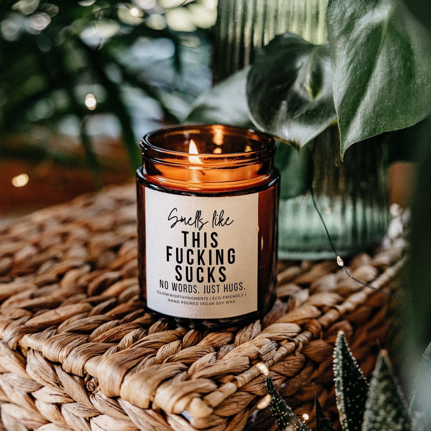Honest 'This Sucks' grief candle burning - sympathy gift for loss of mother, father, or spouse
