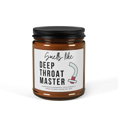 Candle jar with a humorous label on a white background