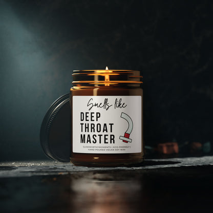 Candle in a jar with a humorous label on a dark background