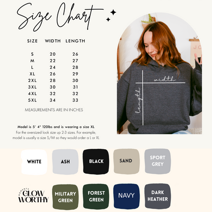 Hoodie measurements in inches and color swatches. 9 color options for firefighter hoodie (black, navy, green, forest green, military green, sand, ash, sport grey, etc.)