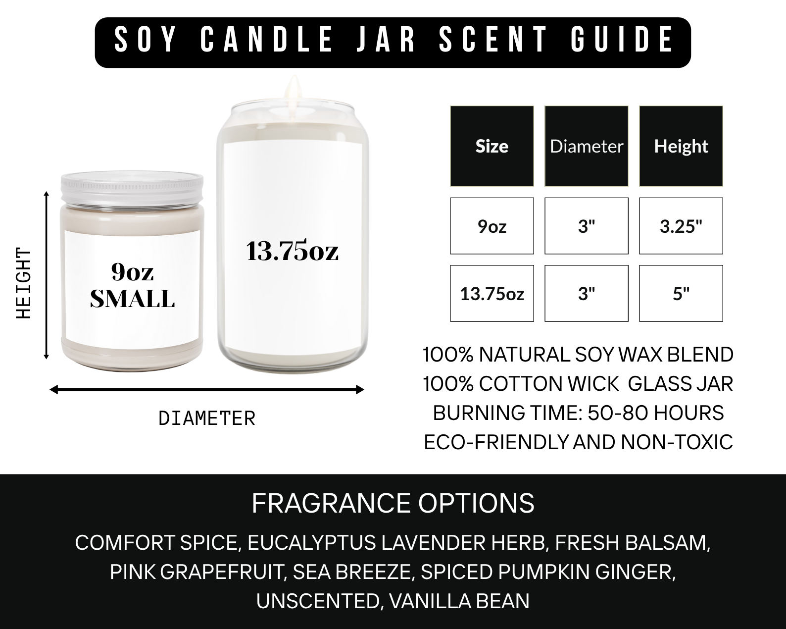 multi size white clear candle 9oz and 13.75oz size guide