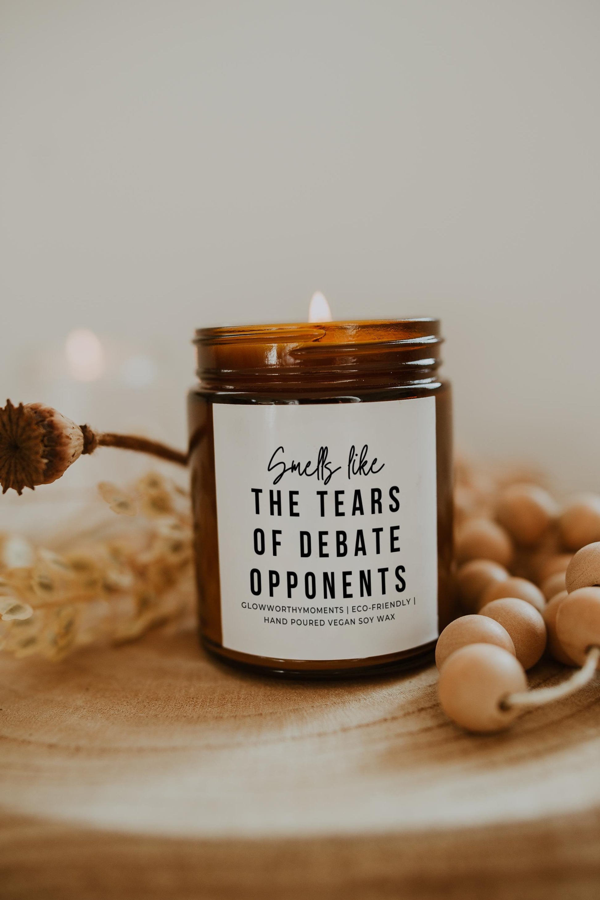 High school debater studying with argument-themed soy candle