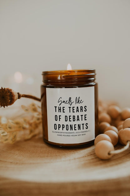 High school debater studying with argument-themed soy candle