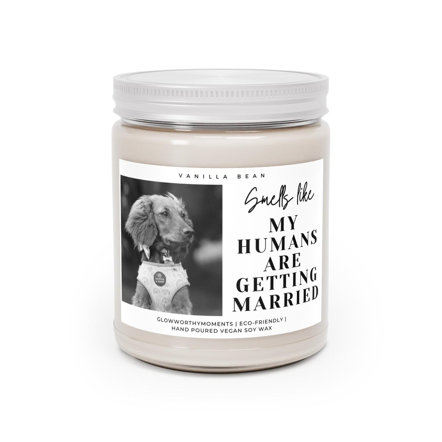 Engagement candle featuring couple's dog with ring box - 'She Said Yes' gift
