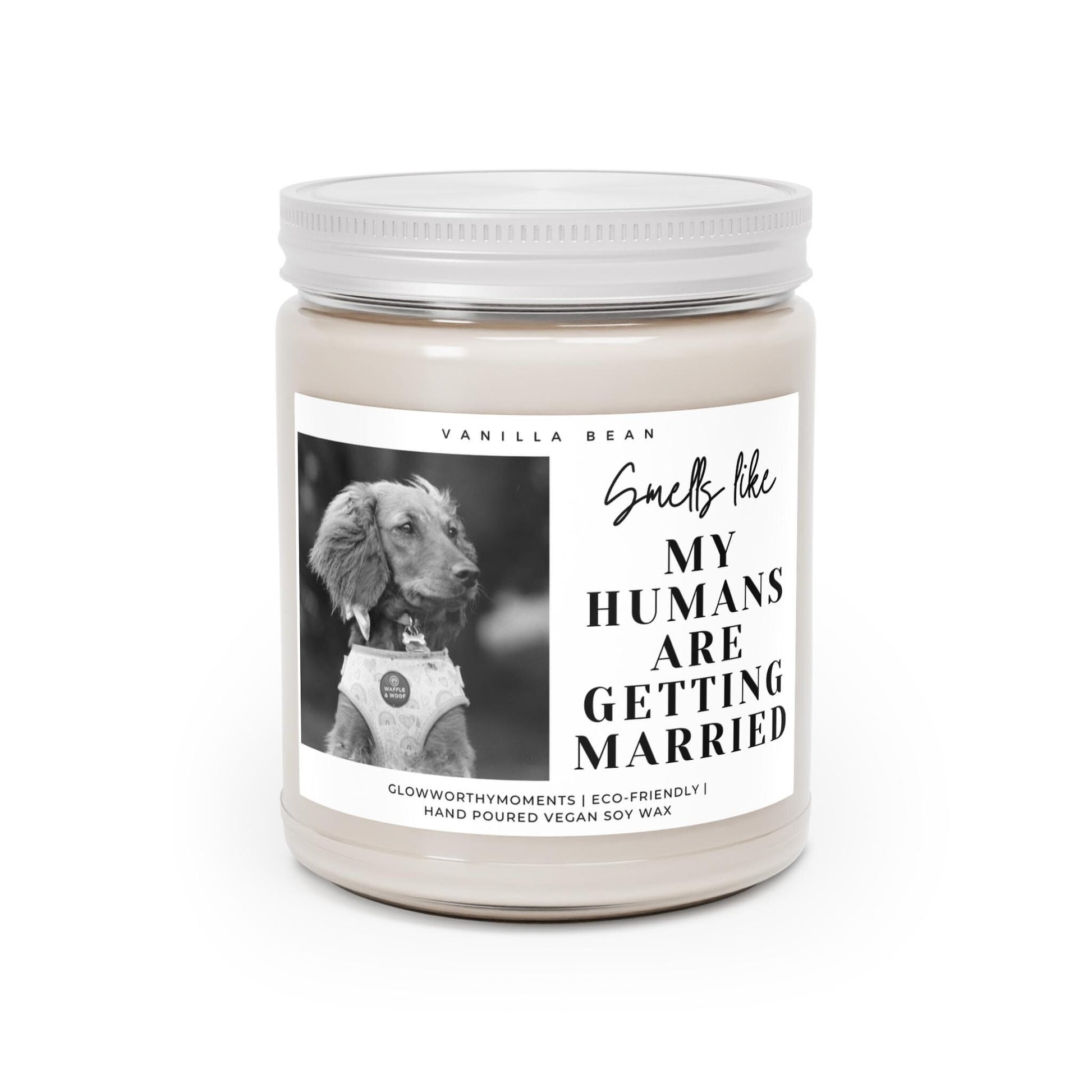 Engagement candle featuring couple's dog with ring box - 'She Said Yes' gift