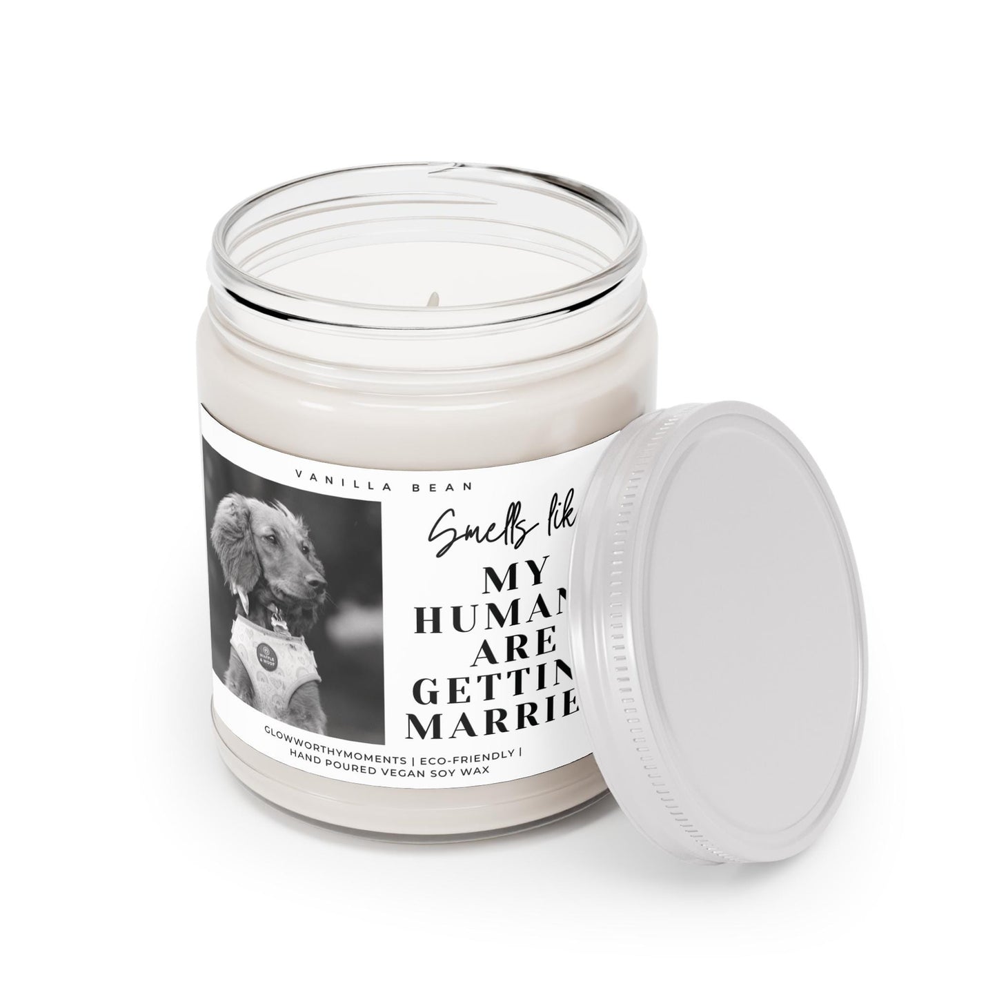 Personalized dog candles as wedding favors at outdoor ceremony