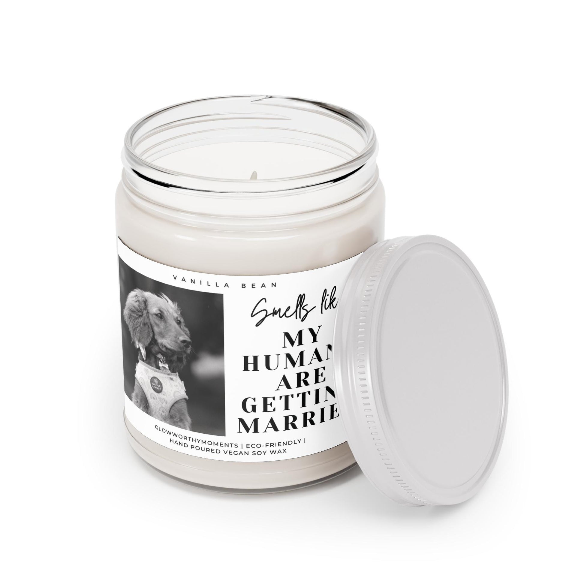 Personalized dog candles as wedding favors at outdoor ceremony