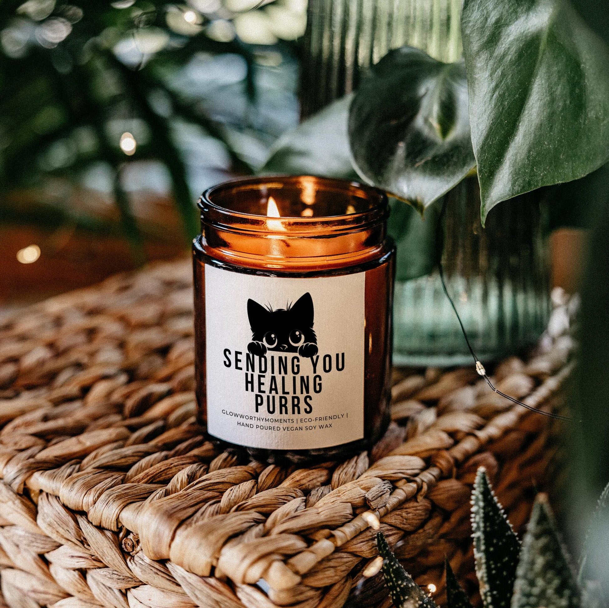 Get well soon cat candle with 'Sending You Healing Purrs' text - funny recovery gift