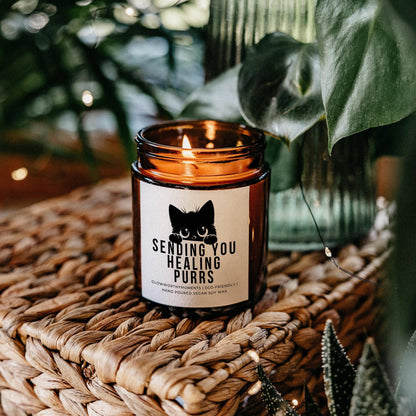 Get well soon cat candle with 'Sending You Healing Purrs' text - funny recovery gift
