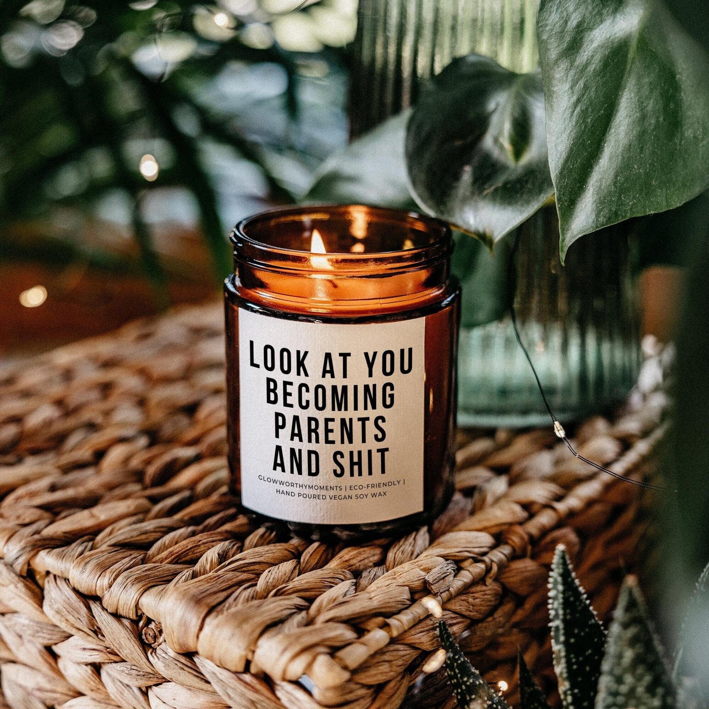 Funny 'Look at you becoming parents' first year survival candle