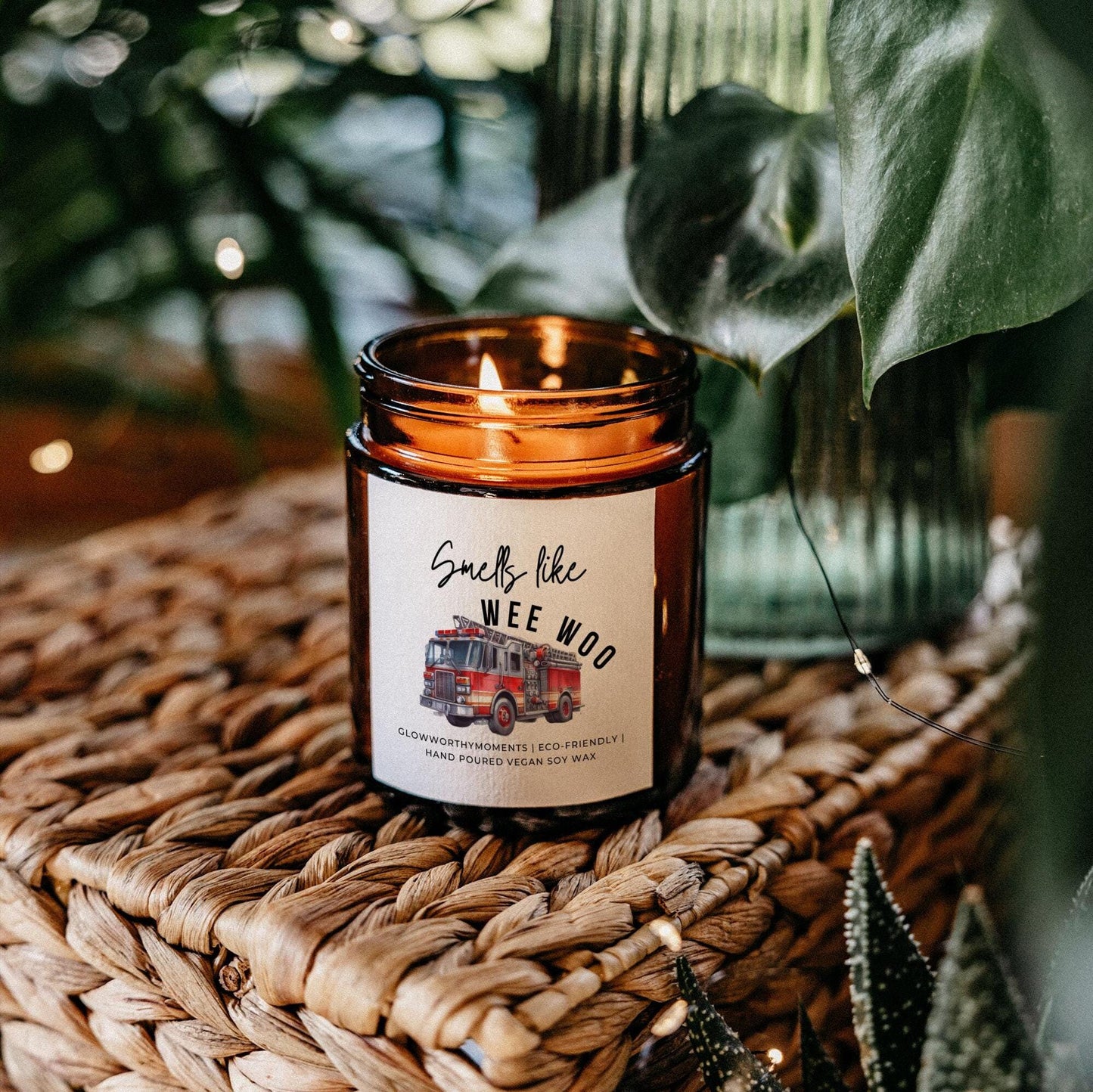 Funny 'WEE WOO' fire truck candle - humorous firefighter appreciation gift
