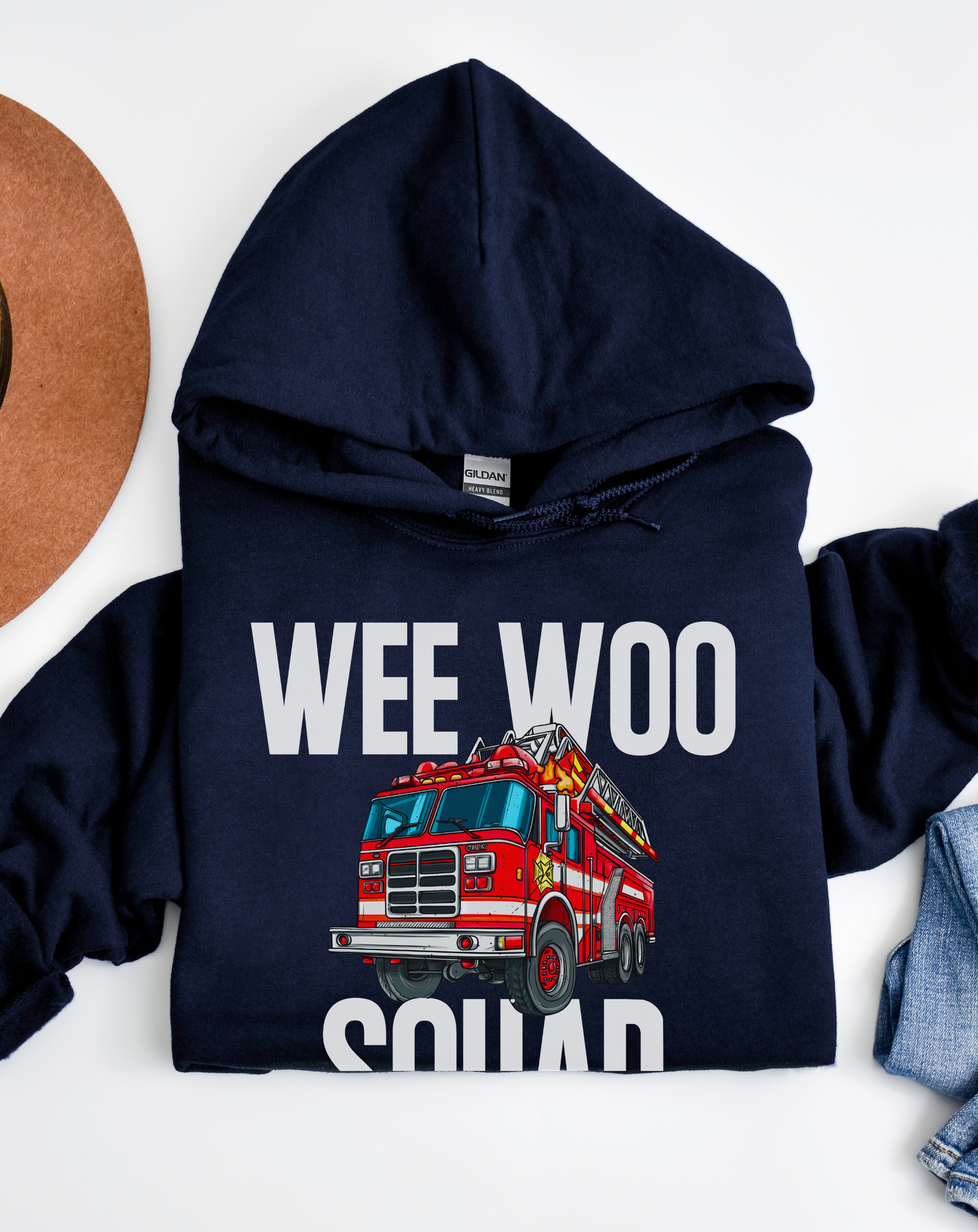 Navy hoodie with a fire truck graphic and 'WEE WOO SQUAD' text on a white background