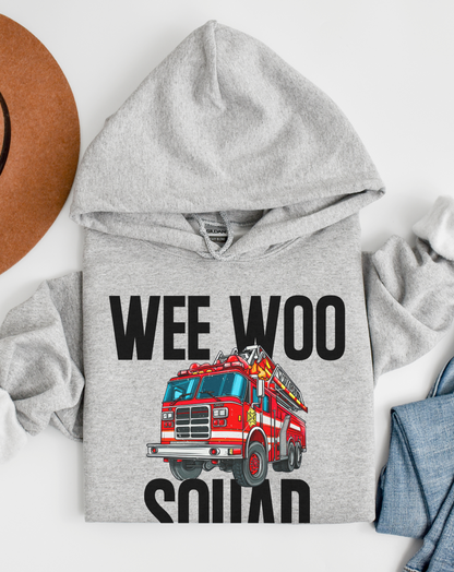 Gray hoodie with a red fire truck graphic and text on a white background