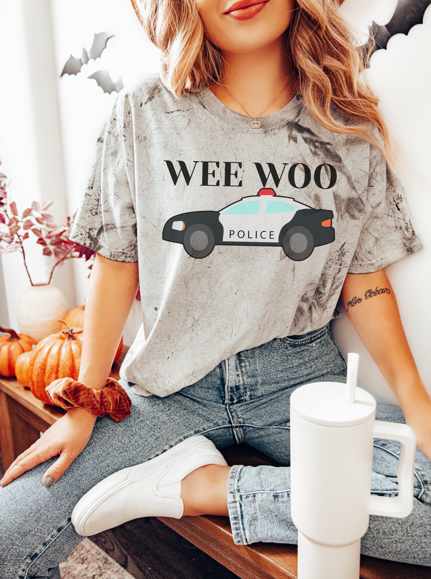 Funny 'Wee Woo' tie dye police shirt with cop car design
